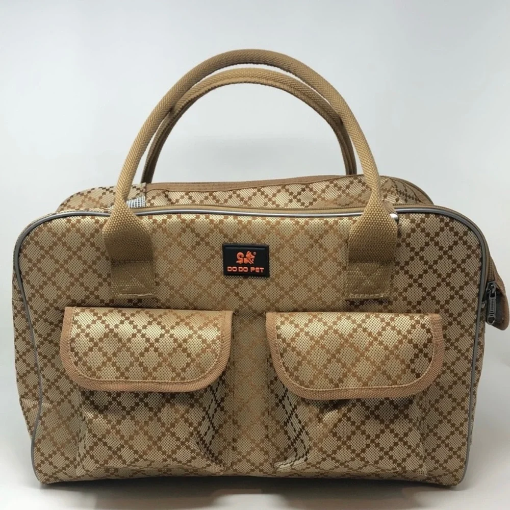 Pet Travel Carrier - for a small dog or cat. Tan/Beige diamond pattern design.